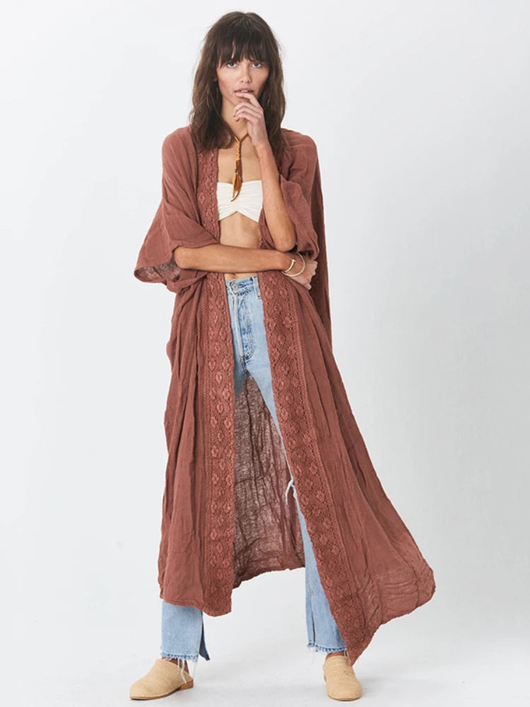 Bohemian Elegance Lace-Trim Beach Kimono