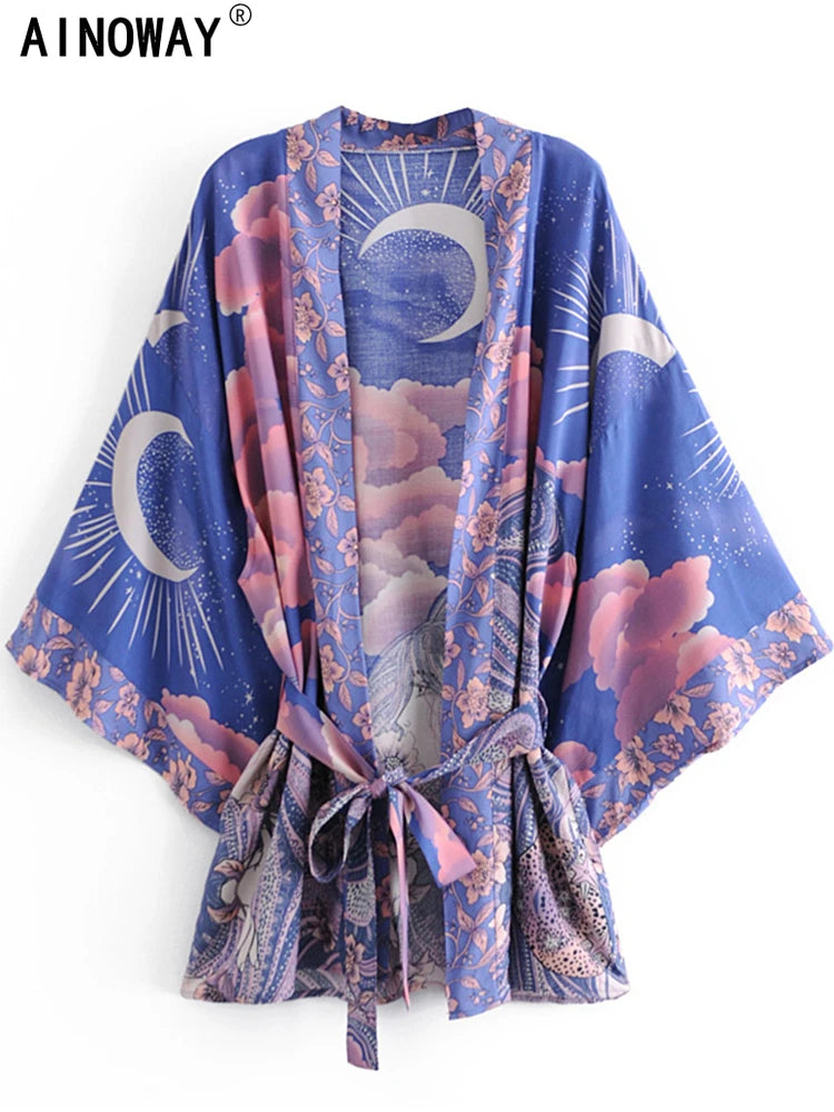 Boho Star & Moon Short Kimono Robe