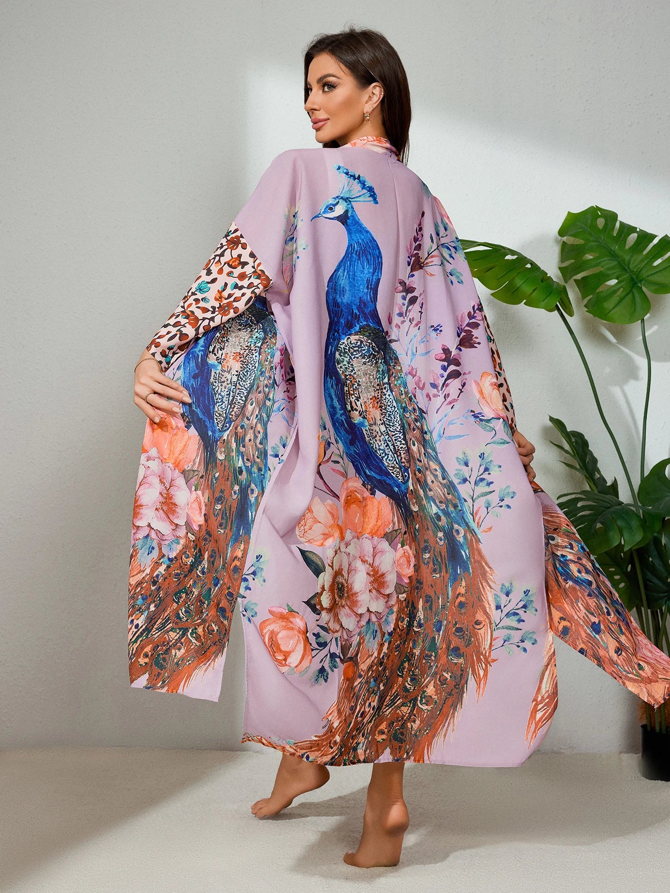 Peacock Printed Self-Belted Beach Cover-Up