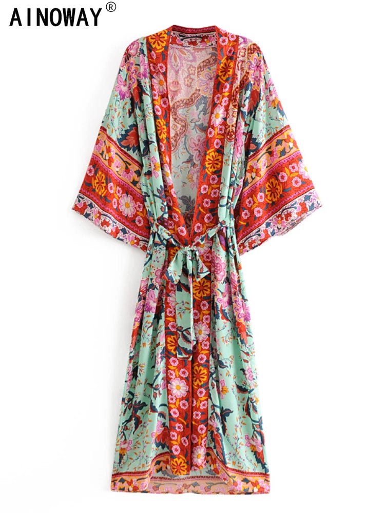 Boho Tassel Peacock Print Kimono Cover-Up