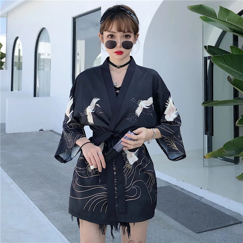 Anime Crane Print Kimono Cardigan