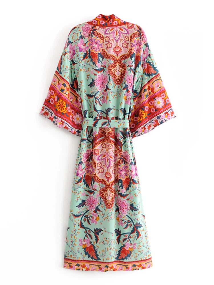 Boho Tassel Peacock Print Kimono Cover-Up