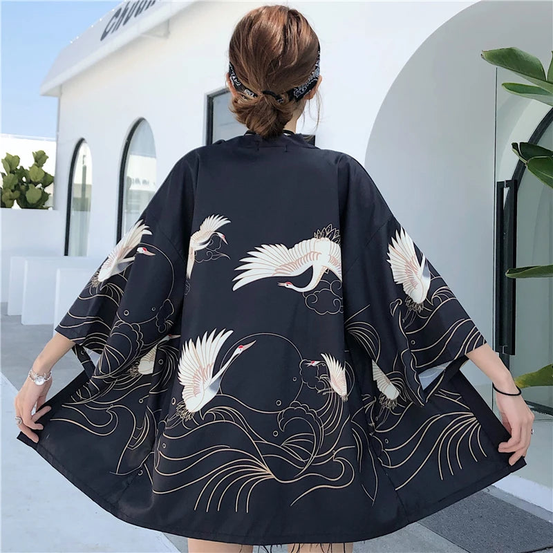 Anime Crane Print Kimono Cardigan