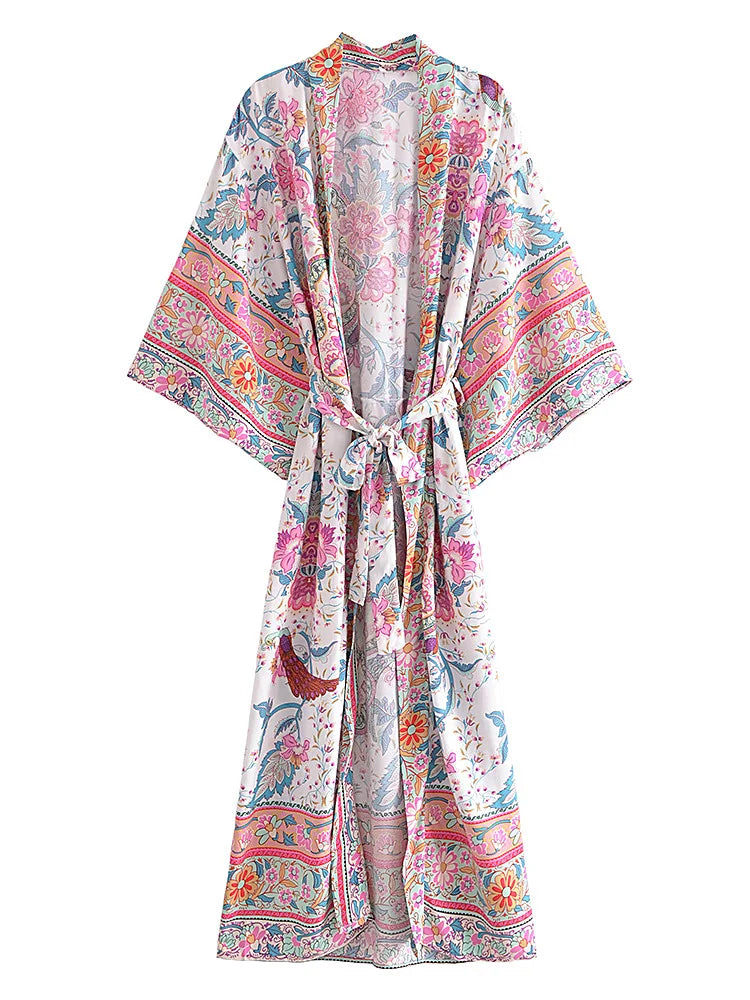 Boho Tassel Peacock Print Kimono Cover-Up