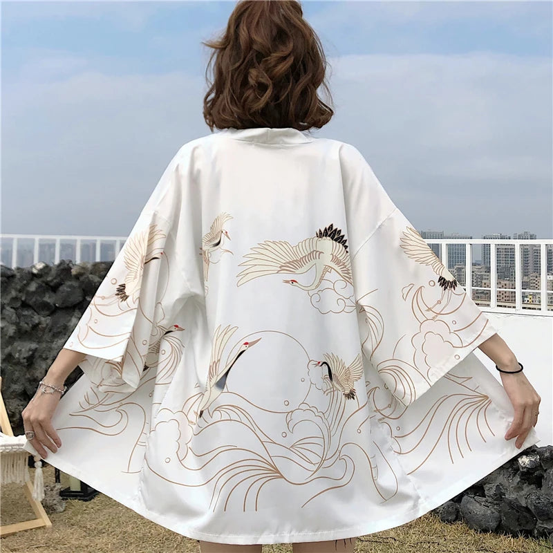 Anime Crane Print Kimono Cardigan