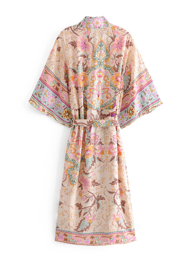 Boho Tassel Peacock Print Kimono Cover-Up