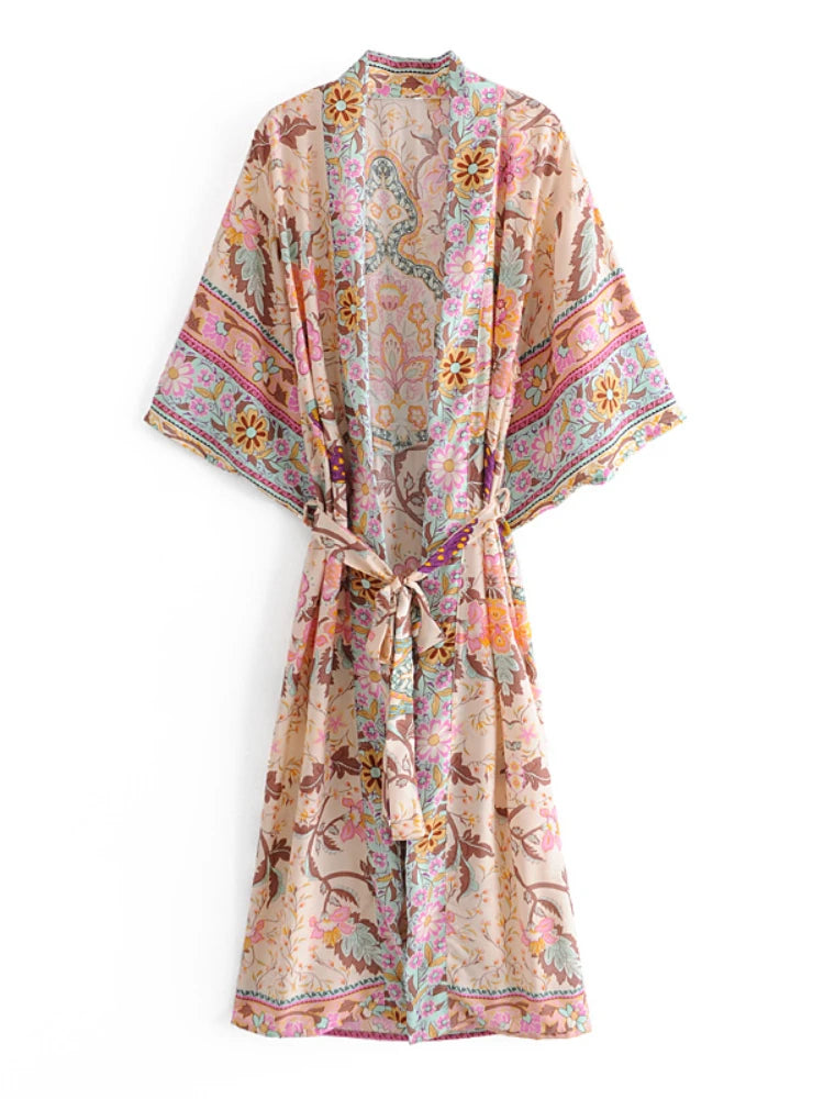 Boho Tassel Peacock Print Kimono Cover-Up