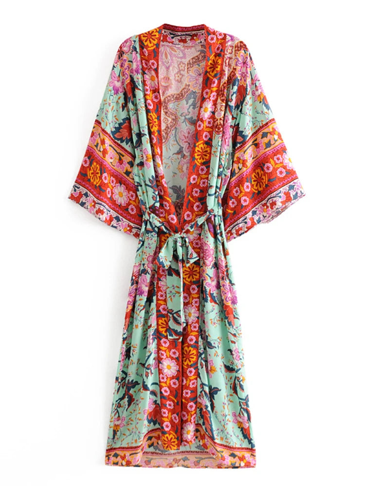 Boho Tassel Peacock Print Kimono Cover-Up