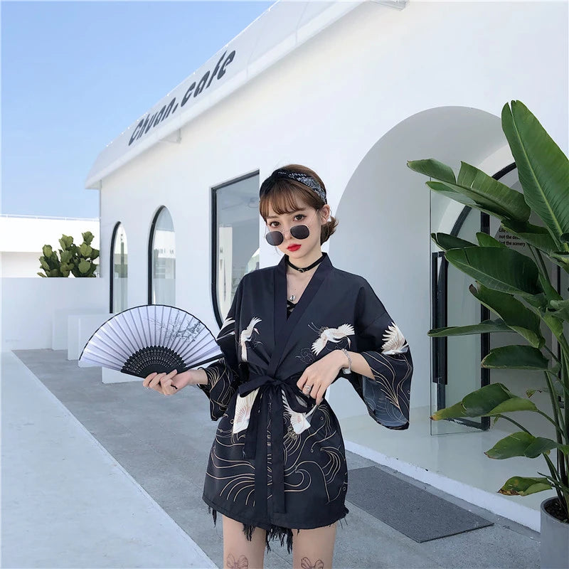 Anime Crane Print Kimono Cardigan