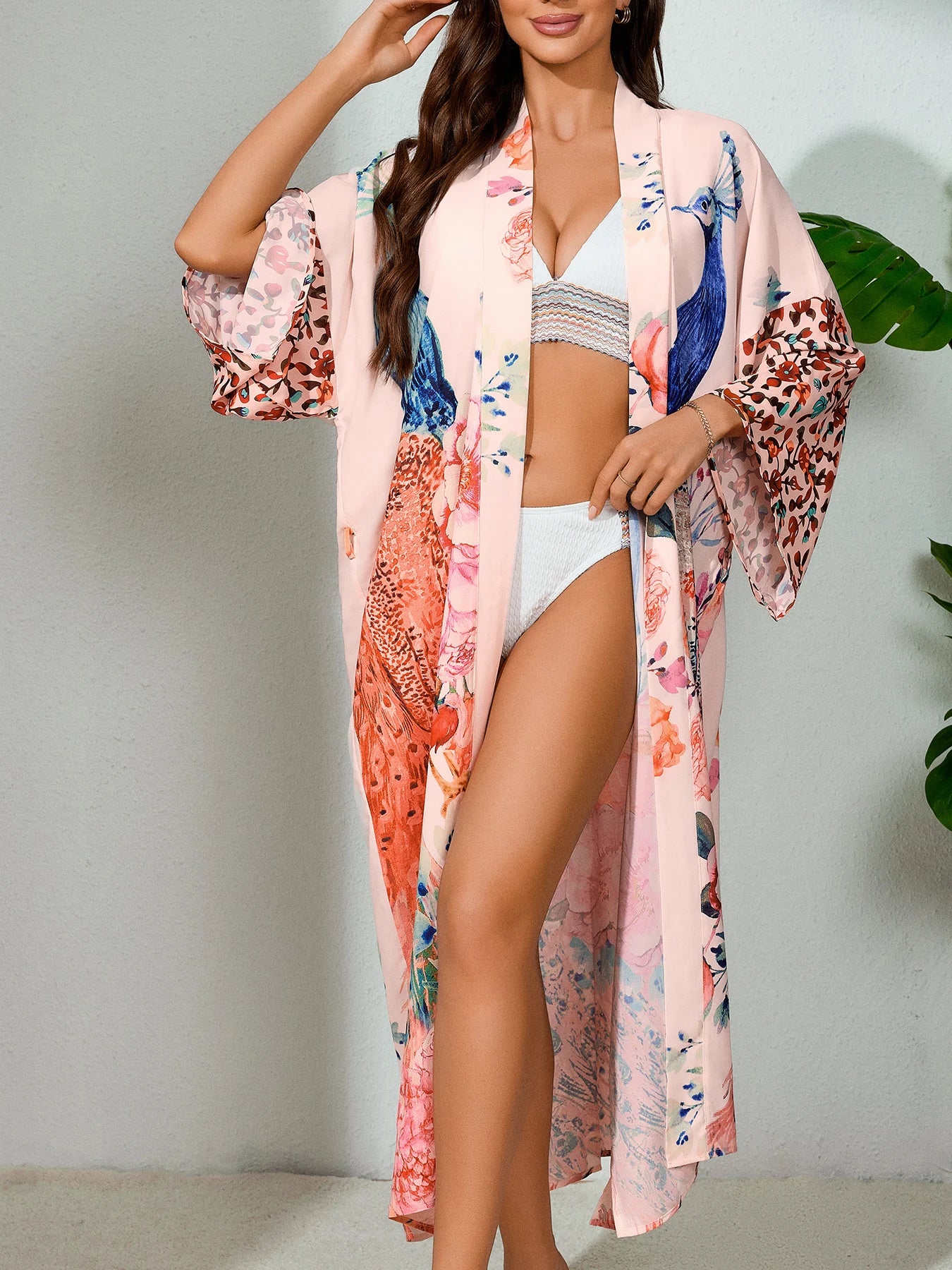 Peacock Printed Self-Belted Beach Cover-Up