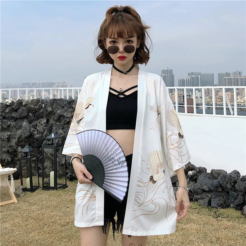 Anime Crane Print Kimono Cardigan